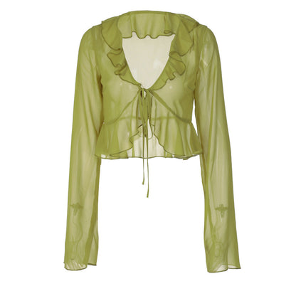 Summer new fungus edge lace-up deep V-neck long-sleeved transparent top women's clothing
