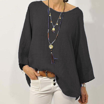 Women's Cotton Linen Blouse Casual Oversized Round Neck Top Loose Fit 3/4 Sleeve Tunic Shirt Boho Style