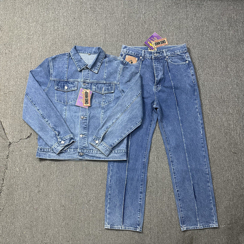 Alcatraz Denim Jacket and Jeans Set Vintage Washed Streetwear Two Piece Outfit Unisex High Street Denim Suit