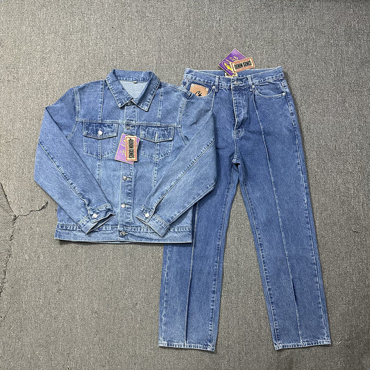 Alcatraz Denim Jacket and Jeans Set Vintage Washed Streetwear Two Piece Outfit Unisex High Street Denim Suit
