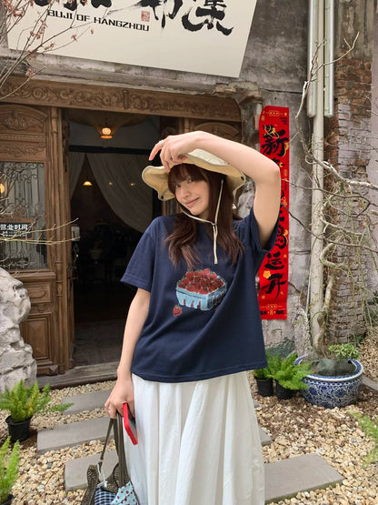 Französisches Erdbeer-Grafik-T-Shirt – Süßes Ästhetisches Oversized Sommer T-Shirt für Damen