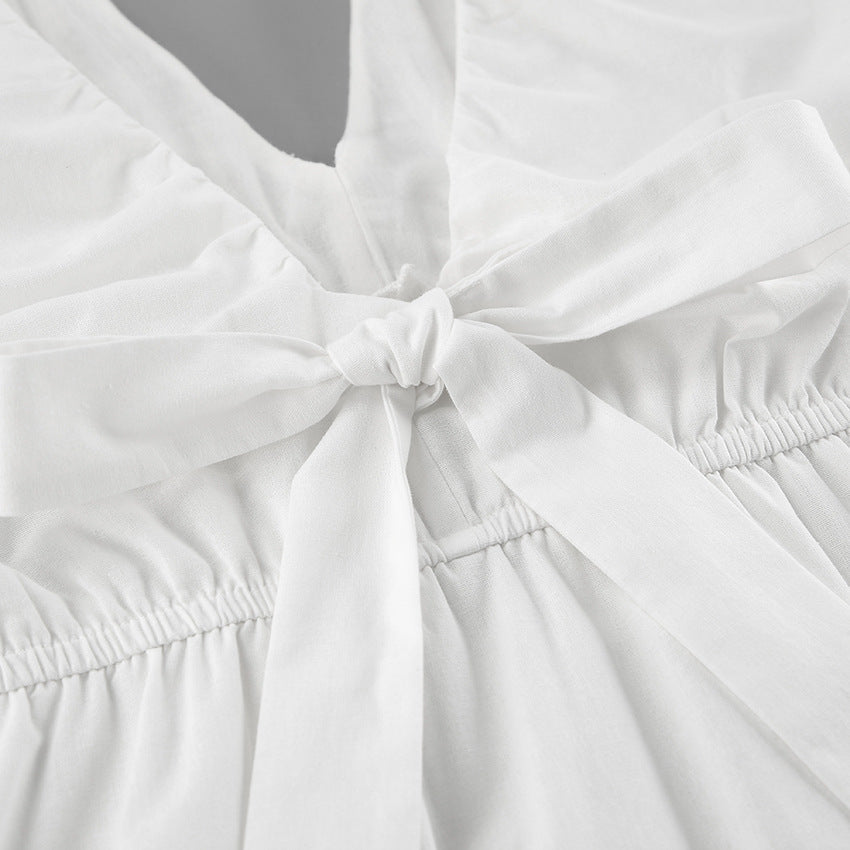 Women's White Puff Sleeve Mini Dress V Neck Casual Flowy Summer Sundress - Seldom Seen Styles