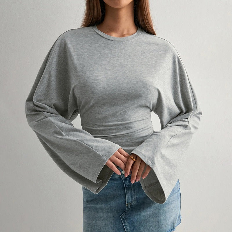 Women's Ruched Long Sleeve Top with Wide Sleeves Crew Neck Fitted Casual Blouse - Seldom Seen Styles