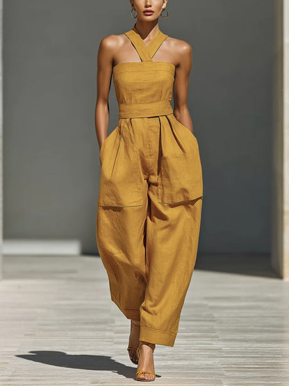 Women's Linen Blend Cross Halter Neck Loose Jumpsuit Casual Summer Vacation Outfit