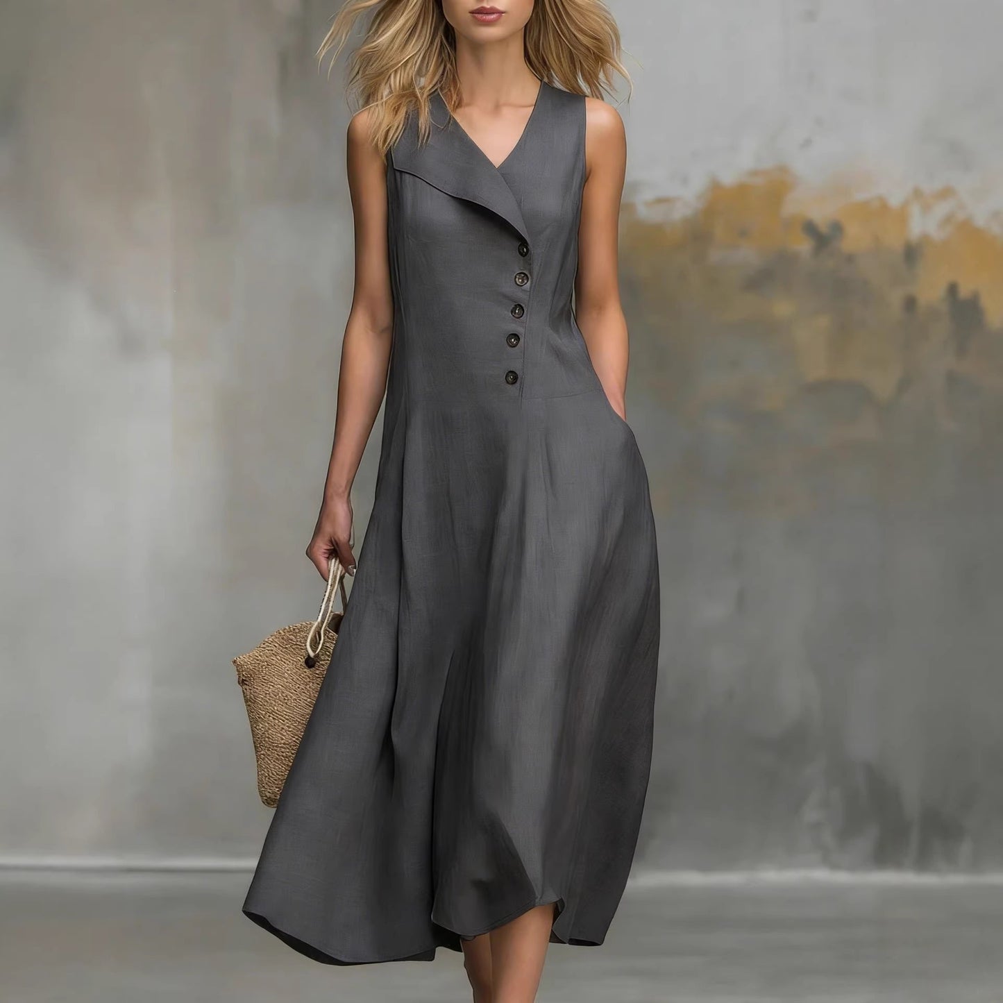 Women's Sleeveless Linen Midi Dress Button Front Lapel V Neck Casual A Line Summer Dress with Pockets - Seldom Seen Styles