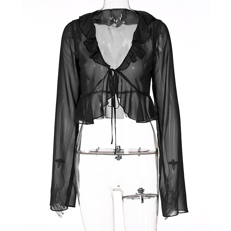 Summer new fungus edge lace-up deep V-neck long-sleeved transparent top women's clothing - Seldom Seen Styles