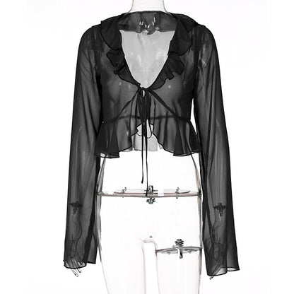 Summer new fungus edge lace-up deep V-neck long-sleeved transparent top women's clothing