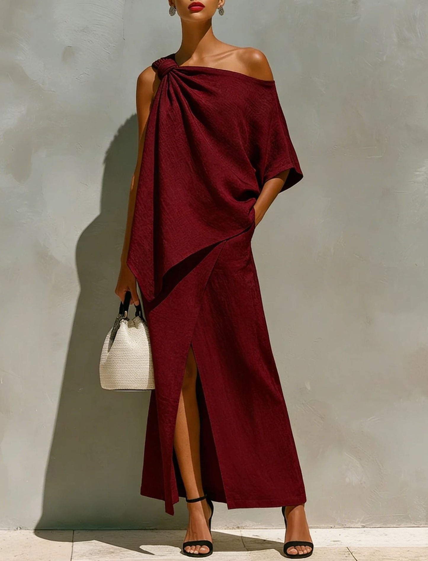 Women's One Shoulder Knot Front Slit Irregular Two Piece Set Solid Color Summer Vacation Outfit - Seldom Seen Styles