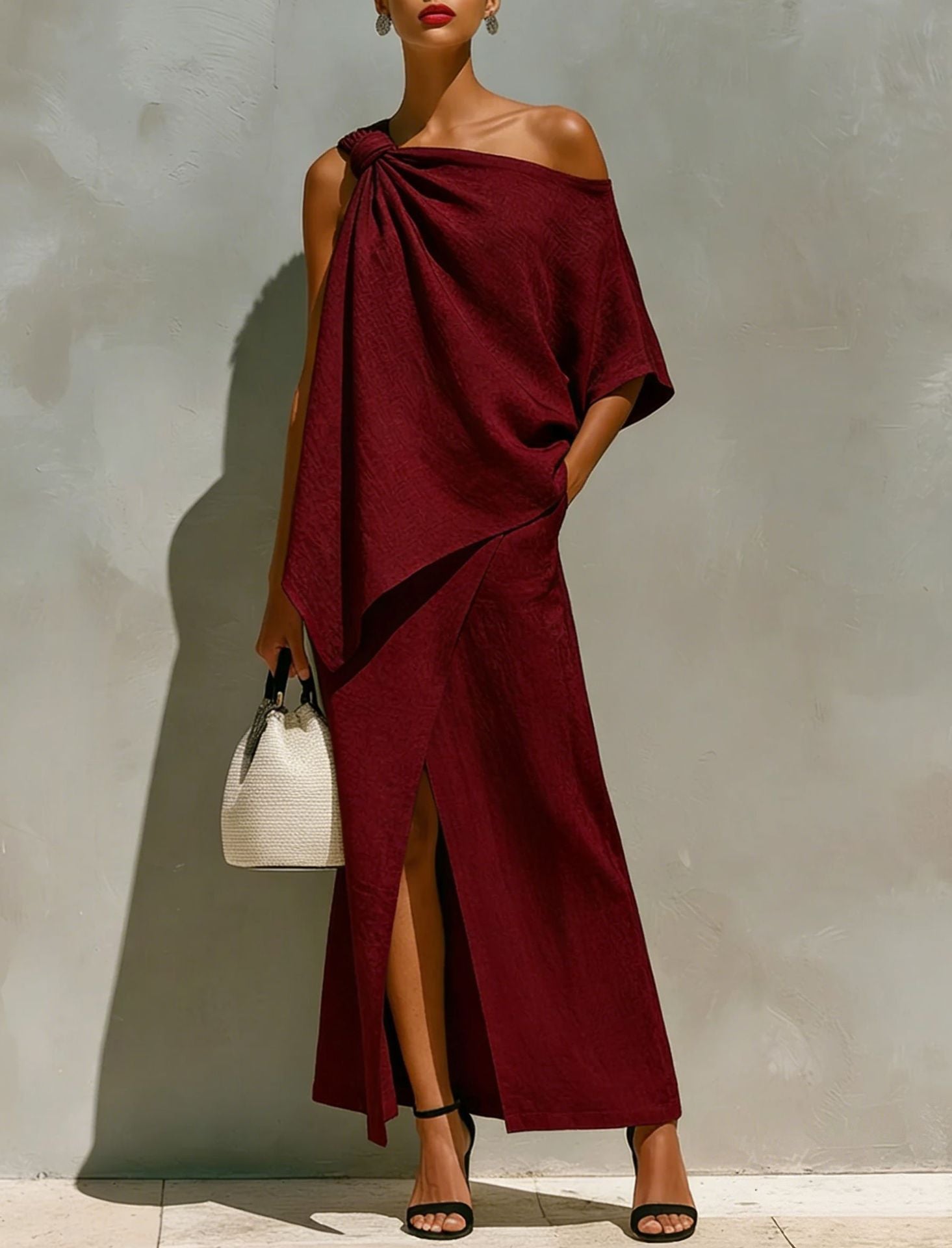 Women's One Shoulder Knot Front Slit Irregular Two Piece Set Solid Color Summer Vacation Outfit - Seldom Seen Styles