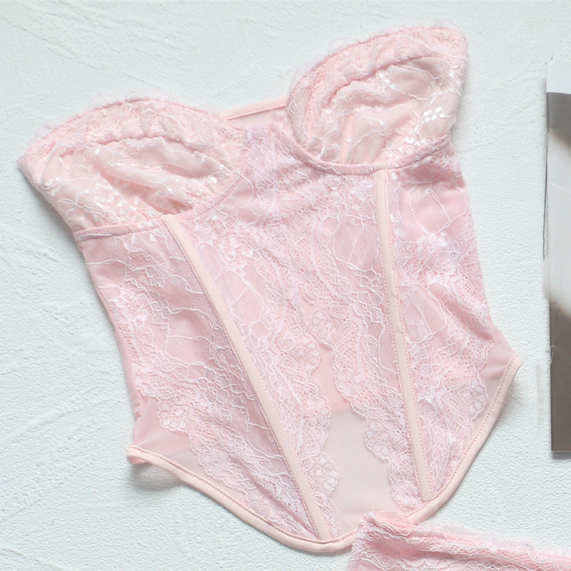 Pink Semi Transparent Lace Boning Corset Tube Top Short Vest Mini Ultra Short Double Layer Skirt Set - Seldom Seen Styles