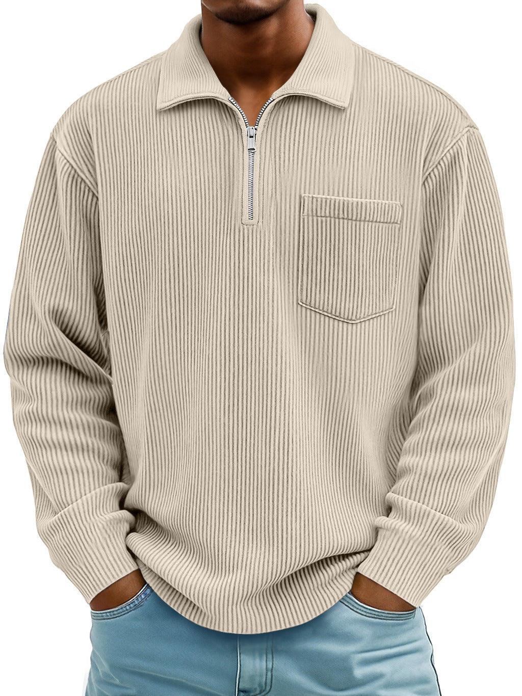 Men's Ribbed Quarter Zip Pullover Sweater Casual Long Sleeve Knit Polo Sweatshirt with Pocket