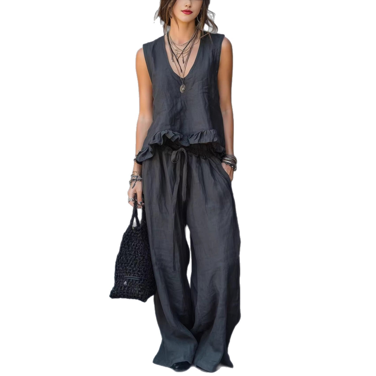 Women's V-Neck Sleeveless Ruffle Hem Casual Cover Up Top Loose Flowy Summer Vacation Outfit - Seldom Seen Styles