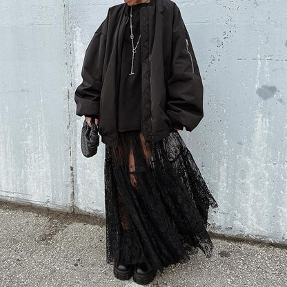 Sexy lace perspective high waist commuter black skirt women's summer 2026 European and American fashion mesh dress wholesale
