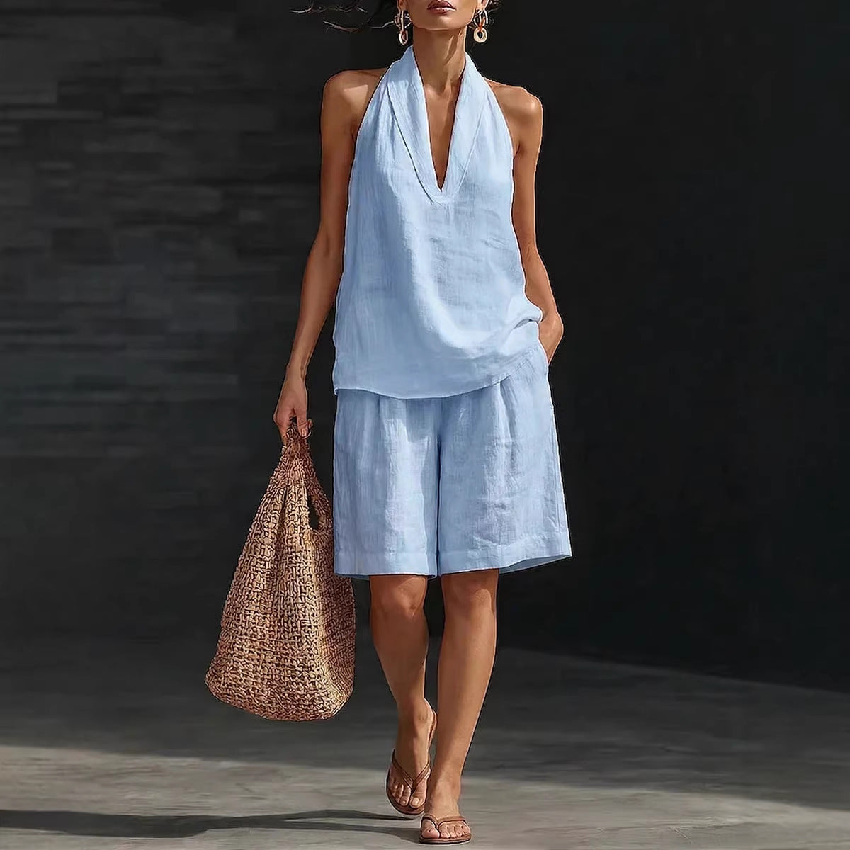 Women's Linen Blend Halter Neck Top and Shorts Set Casual Summer Two Piece Resort Outfit
