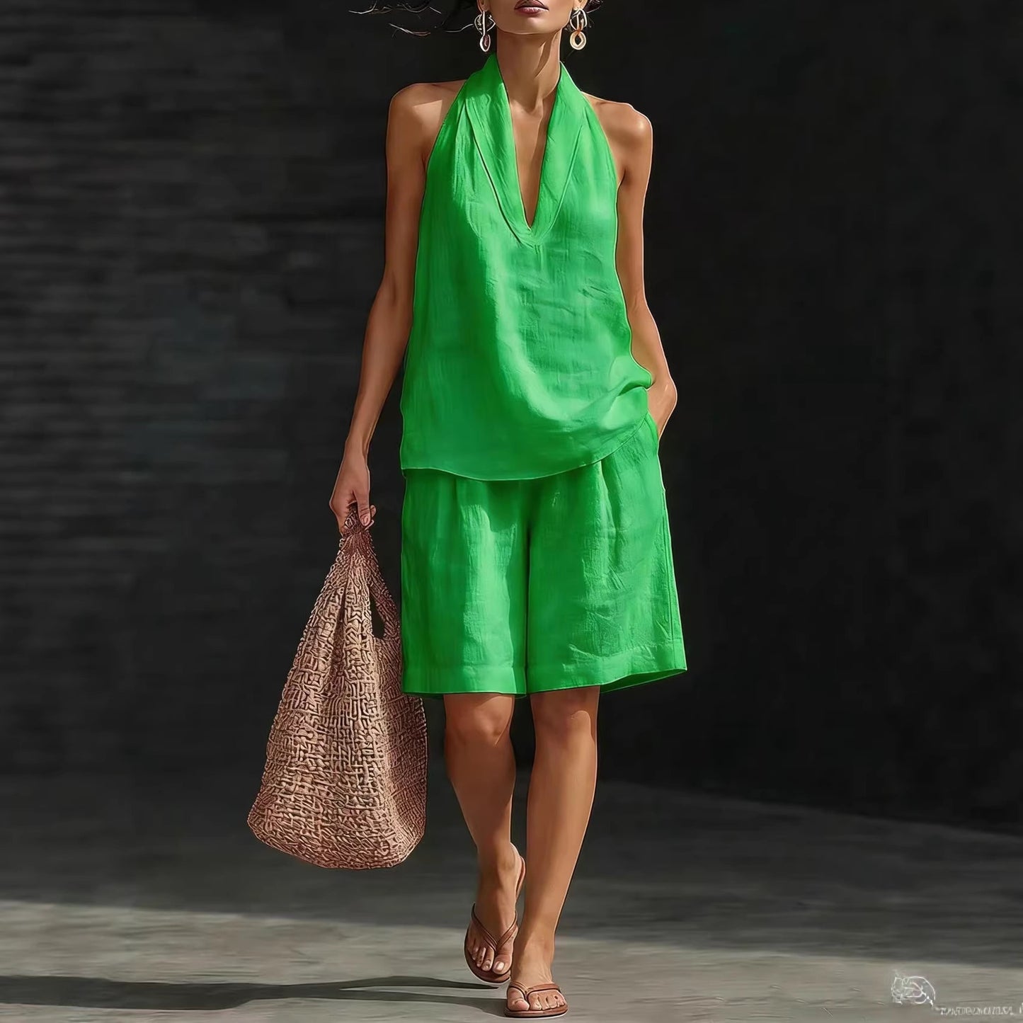 Women's Linen Blend Halter Neck Top and Shorts Set Casual Summer Two Piece Resort Outfit