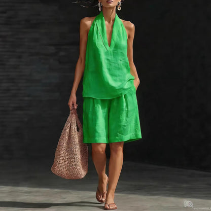 Women's Linen Blend Halter Neck Top and Shorts Set Casual Summer Two Piece Resort Outfit