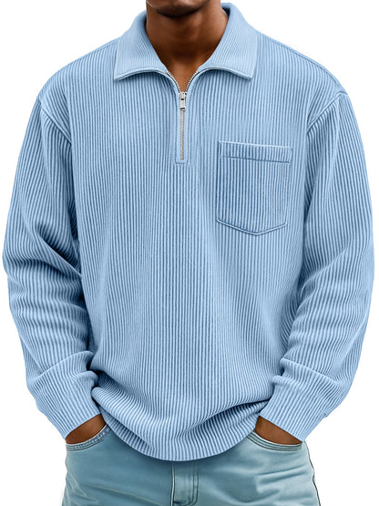 Men's Ribbed Quarter Zip Pullover Sweater Casual Long Sleeve Knit Polo Sweatshirt with Pocket