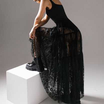 Sexy lace perspective high waist commuter black skirt women's summer 2026 European and American fashion mesh dress wholesale