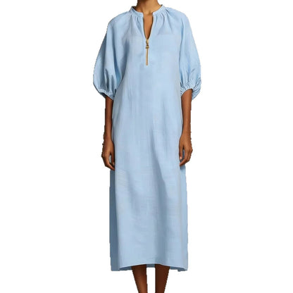 Women's Cotton Linen Midi Dress Puff Sleeve Loose Fit Casual Summer Dress V Neck Boho Maxi Dress with Pockets