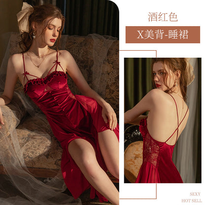 Women's Leopard Print Satin Nightgown French Lace Slip Dress Sexy Spaghetti Strap Sleepwear Maxi Nightdress with Matching Robe