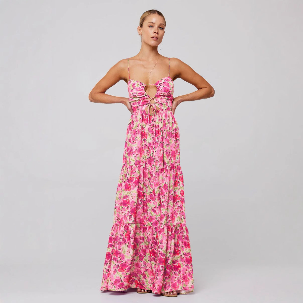 Women's Floral Print Maxi Dress Spaghetti Strap Boho Dress Cutout Summer Beach Dress Vacation Resort Wear