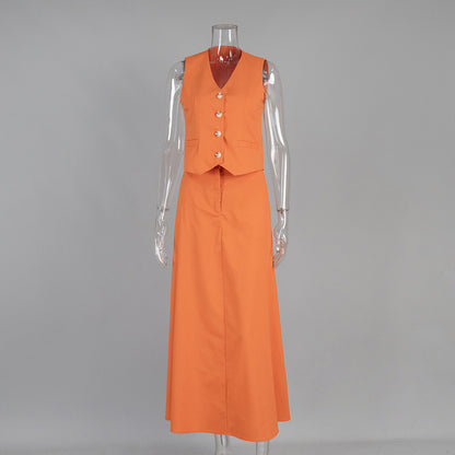 Ensemble gilet et jupe en coton et lin pour femmes, nouveau gilet d'été + jupe longue évasée, ensemble décontracté