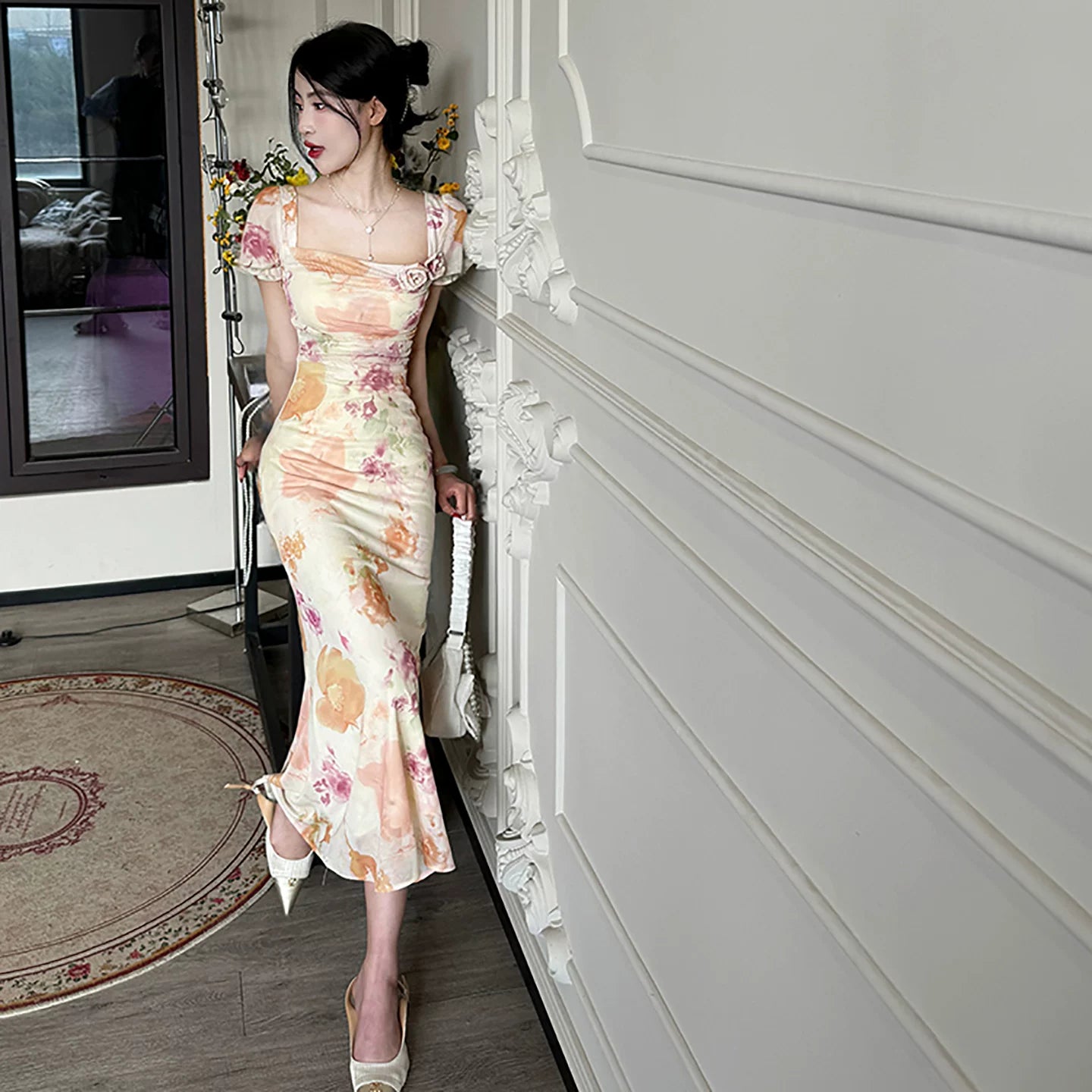 French Vintage Square Neck Floral Midi Dress – Slim Fit Fishtail Elegant Dress for Women - Seldom Seen Styles