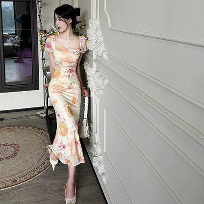 French Vintage Square Neck Floral Midi Dress – Slim Fit Fishtail Elegant Dress for Women