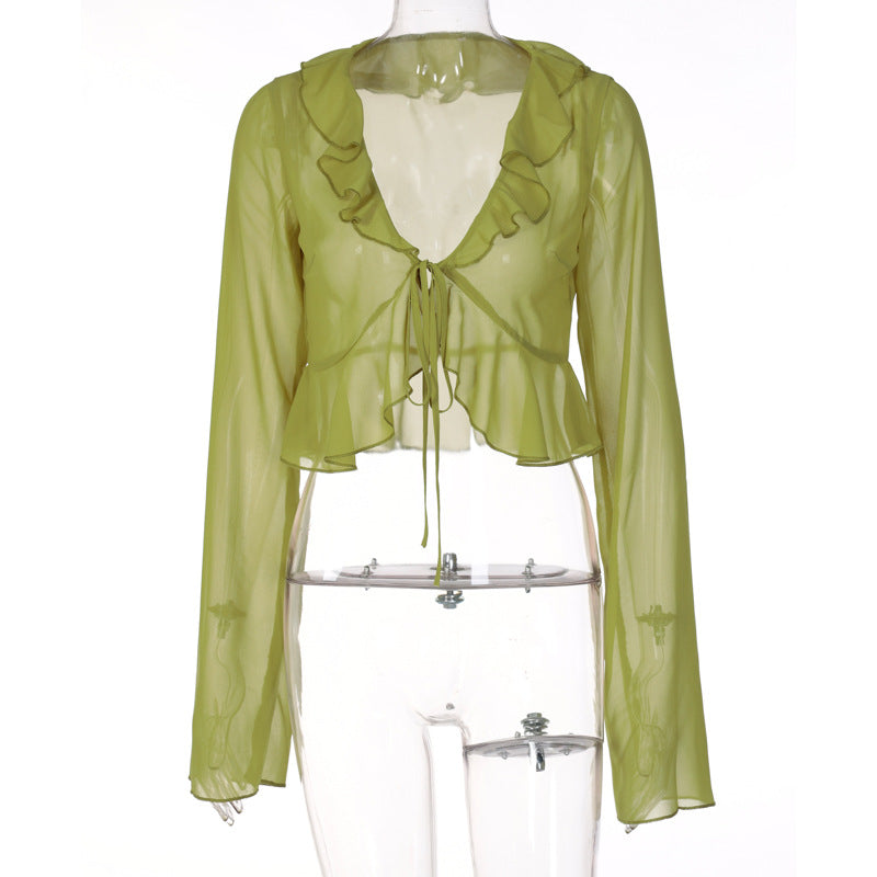 Summer new fungus edge lace-up deep V-neck long-sleeved transparent top women's clothing - Seldom Seen Styles