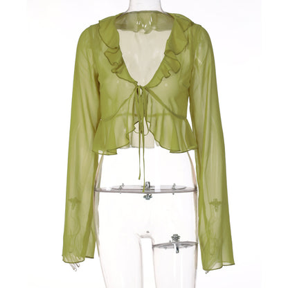 Summer new fungus edge lace-up deep V-neck long-sleeved transparent top women's clothing