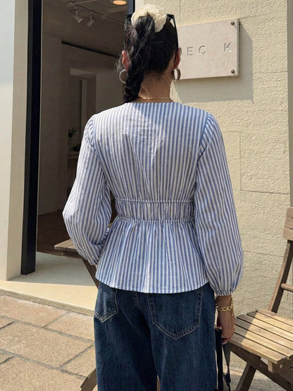 Women's Blue Striped Long Sleeve Tie Blouse Elegant Crew Neck Loose Fit Polyester Casual Vacation Spring Summer Office Work Blouse Top