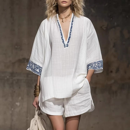Women's Linen Printed V-Neck Short Sleeve Shorts Two Piece Set Bohemian Vacation Summer Outfit