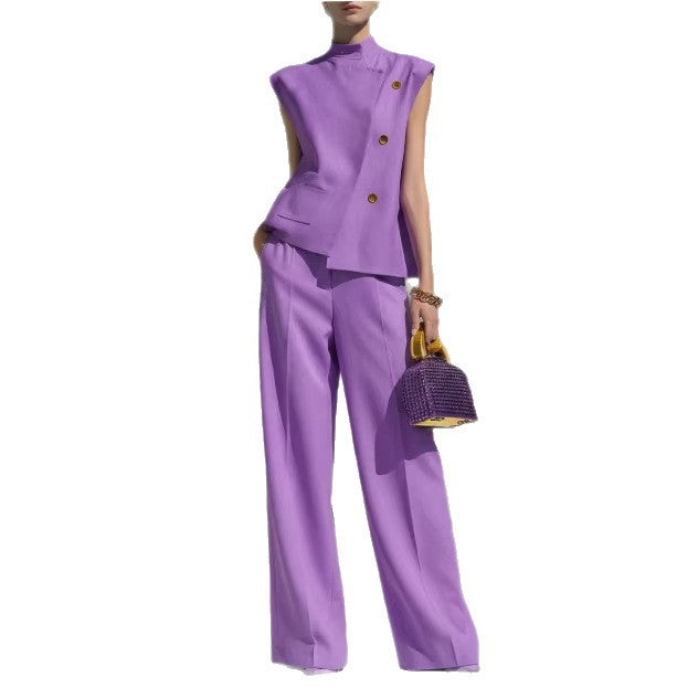 Women's Sleeveless Two Piece Pants Set Stand Collar Button Front Top and Wide Leg Trousers Elegant Casual Business Vacation Outfit - Seldom Seen Styles