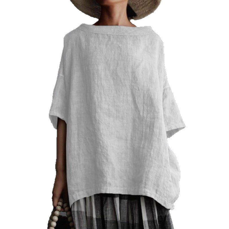 Women's Cotton Linen Round Neck Loose T-Shirt Casual Short Sleeve Solid Color Plus Size Top