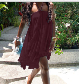 Women's Backless Halter Mini Dress Flowy Chiffon Loose Fit Vacation Party Dress