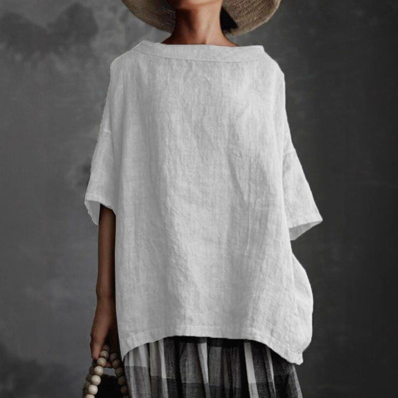 Women's Cotton Linen Round Neck Loose T-Shirt Casual Short Sleeve Solid Color Plus Size Top