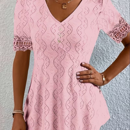 Women's V Neck Eyelet Lace Blouse Short Sleeve Tunic Top Casual Summer Shirt Boho Crochet Trim Top