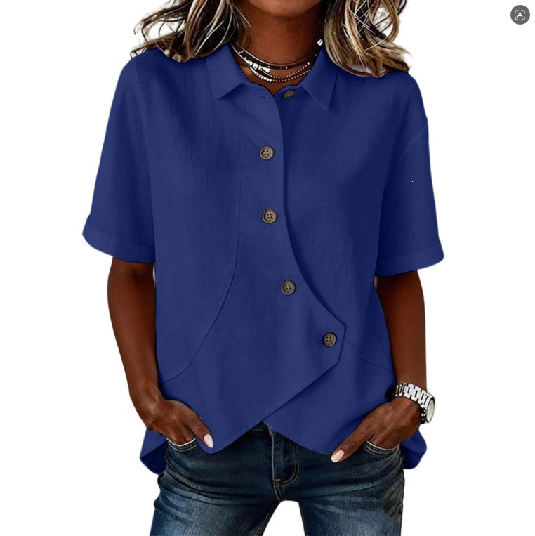 Women's Casual Solid Color Irregular Hem Button Up Short Sleeve Loose Top Summer Vacation Outfit - Seldom Seen Styles