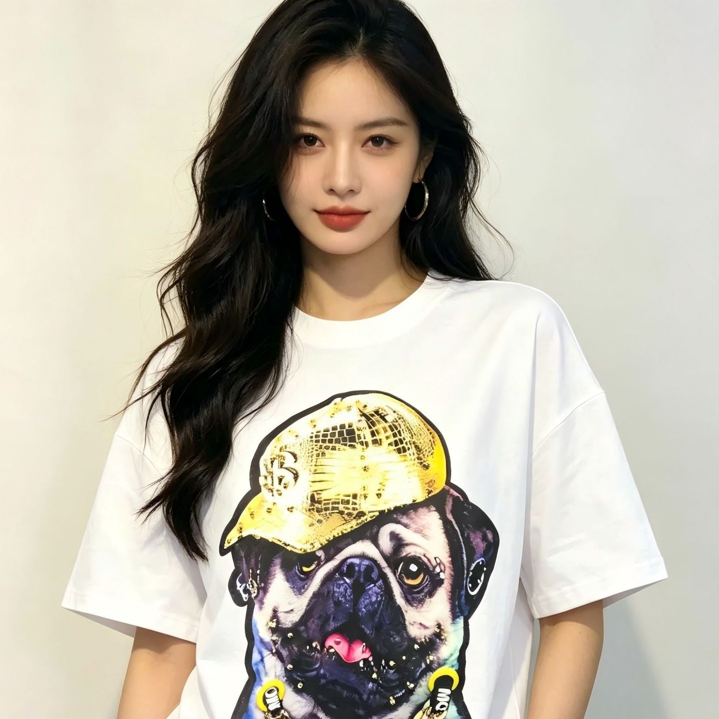 Graphic Print Short Sleeve T-Shirt Gold Chain Bulldog Oversized Loose Fit Heavy Industry Streetwear Couple Summer Casual Tee | Chain Pup Tee