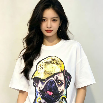 Graphic Print Short Sleeve T-Shirt Gold Chain Bulldog Oversized Loose Fit Heavy Industry Streetwear Couple Summer Casual Tee | Chain Pup Tee