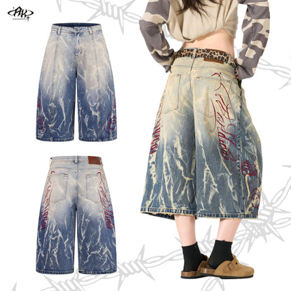 Retro Embroidery Heavy Washed Loose Lantern Cropped Shorts Hip Hop Vintage American Street Trendy Casual Denim | Bloom Lantern