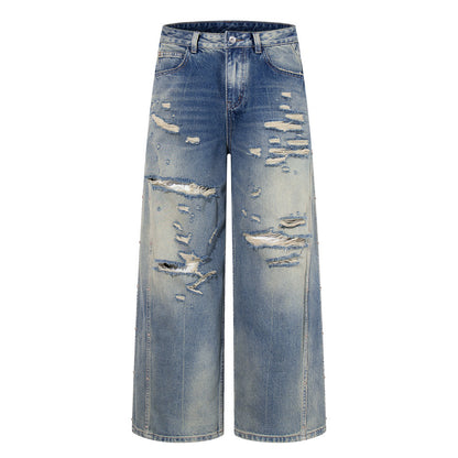 Distressed Gradient Washed Denim Wide Leg Pants Loose Straight Deconstruction Patchwork Streetwear Casual Summer Jeans | Fade Rip
