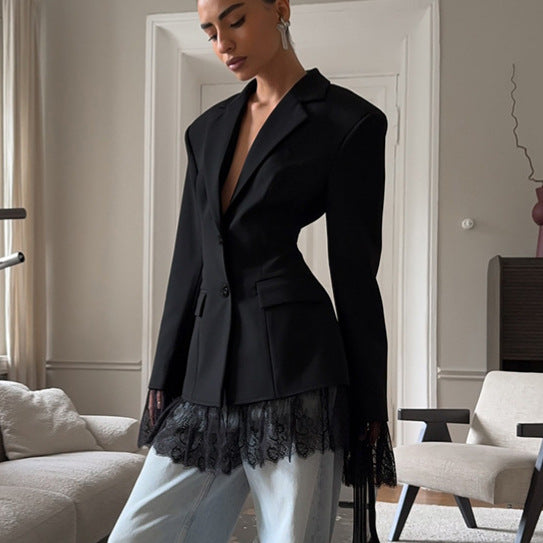 Women's Lace Trim Blazer Elegant Tailored Waist Slim Fit Long Sleeve Suit Jacket - Seldom Seen Styles