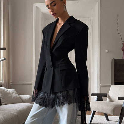 Women's Lace Trim Blazer Elegant Tailored Waist Slim Fit Long Sleeve Suit Jacket