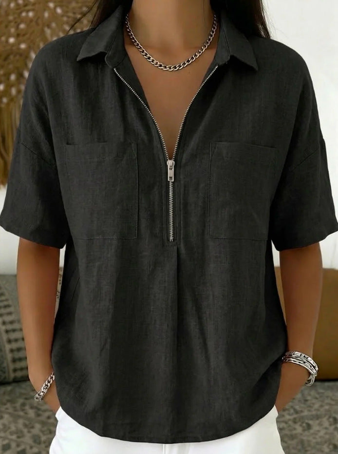 Women's Loose Lapel Short Sleeve Shirt V-Neck Zipper Casual Top Summer Vacation Outfit - Seldom Seen Styles