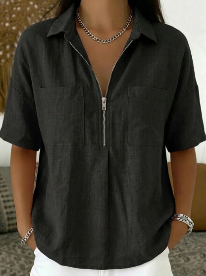 Women's Loose Lapel Short Sleeve Shirt V-Neck Zipper Casual Top Summer Vacation Outfit