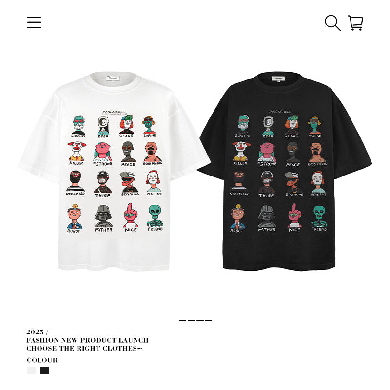VANCARHELL 16-Grid Cartoon Avatars Graphic Tee
