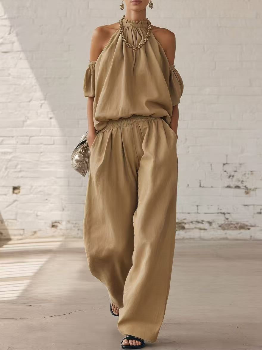 Women's Off Shoulder Top High Waist Wide Leg Pants Casual Two Piece Set Summer Vacation Outfit - Seldom Seen Styles