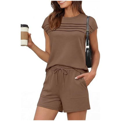 Women's Striped Two Piece Set Casual Loose Fit Crop Top and Shorts Summer Outfit