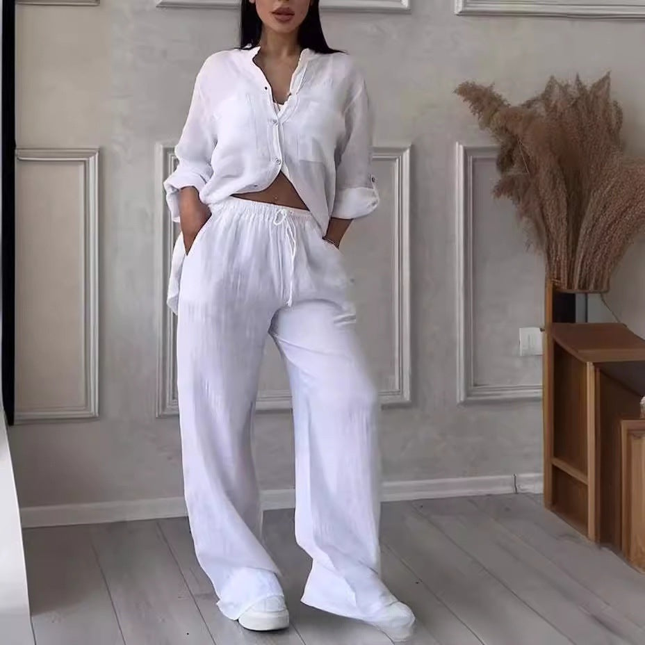 Women's Linen Two Piece Set Button Down Shirt and Wide Leg Pants Casual Matching Outfit Summer Vacation Co Ord Set